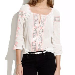 Madewell White and Pink Embroidered Blouse